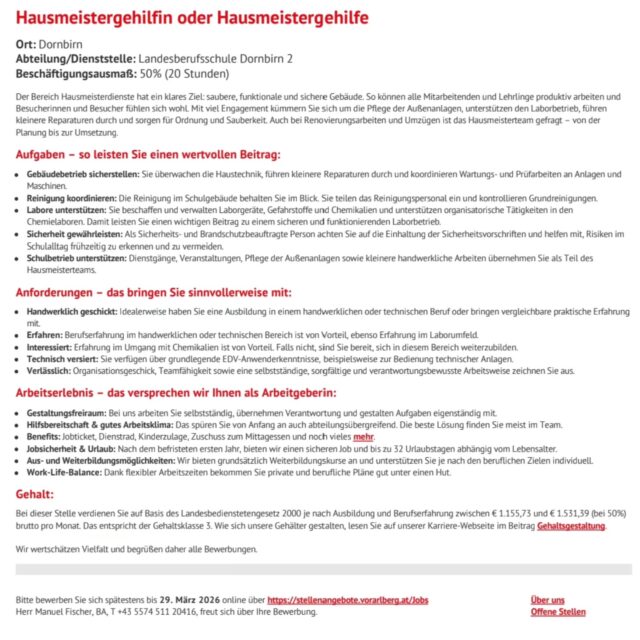 Hausmeistergehilfin oder Hausmeistergehilfe gesucht! 🔍

Dienststelle: Landesberufsschule Dornbirn 2
Beschäftigungsausmaß: 50% (20 Stunden)

#spreadtheword